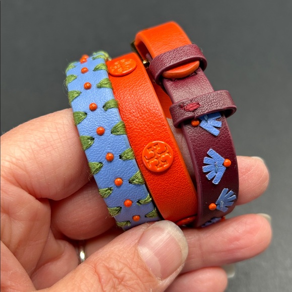 Tory Burch Colorful Embroidered Leather Wrap Logo Bracelet Orange Blue Purple - Picture 2 of 4